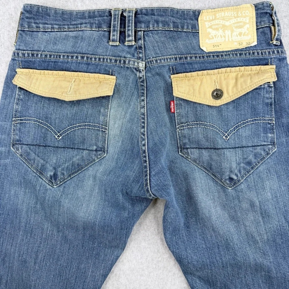 Levis 514 Slim Straight Jeans Mens 32x32 Blue Denim Tan Pocket Flaps 77976-0002